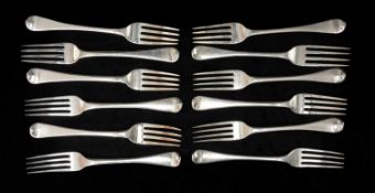 SET OF 12 GEORGE IV SILVER DESSERT FORKS, William Chawner/Richard Pouldon/Jonathan Hayne, London