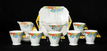 SHELLEY ART DECO BONE CHINA TEA SET, butterfly handles, comprising six cups, six saucers, six side