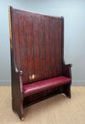 ANTIQUE HIGH-BACK STAINED PINE 'PUB' SETTLE, 200 (h) x 140 (w) x 45cms (w) Provenance: private