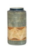 TROIKA POTTERY CYLINDER VASE, signed with initials 'LJ' (Louise Jinks) to base, 20cms (h)