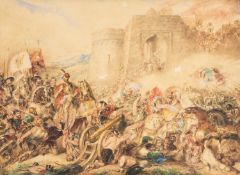 MANNER OF JAMES STEPHANOFF (1788-1874) watercolour - Crusader battle, possibly siege of Acre,