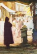 DAVID RANDAL DAVIES (Welsh, b. 1934) oil on board - 'In the Bazaar', signed with initials, 28 x