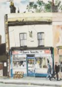 ‡ JIM RUSSELL (1933-2002) watercolour - street scene with figures walking past a cafe called 'Sam'