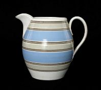 LARGE 19TH CENTURY POTTERY BANDED SLIPWARE JUG, grey, blue and chocolate brown hoops, 24cms (h)