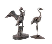 TOM HUGHES two wrought metal sculptures - cormorant perched on a stump, oval base, 34cms (h), and