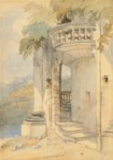MANNER OF JOHN RUSKIN (British, 1819-1900) watercolour - Mediterranean villa steps and balustrade,