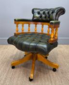 ANTIQUE STYLE CHESTERFIELD SWIVEL CAPTAIN'S CHAIR, upholstered in green hide, polished wooden frame,