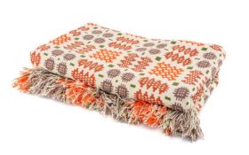 VINTAGE TRADITIONAL WELSH WOOLEN BLANKET with orange, white and green geometric design,