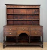 18TH CENTURY SOUTH WALES OAK HIGH DRESSER, boarded plate rack, iron cup hooks, base fitted with five