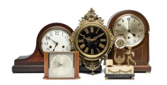 ASSORTED CLOCKS, comprising German oak mantel clock retailed by Mappin & Webb, Napoleon's hat