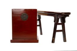 CHINESE LACQUERED WOOD LONG STOOL, 52 (h) x 127 (w) & STORAGE BOX, 56 (h) x 48cms (sq.) (2)