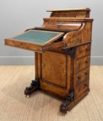 VICTORIAN BOOK-MATCHED WALNUT HARLEQUIN DAVENPORT, pop-up stationery rack, hinged piano front,