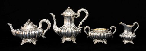 FINE WILLIAM IV SILVER FOUR-PIECE TEA SERVICE, John Evans II, London 1835, of lobed melon form