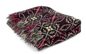 VINTAGE TRADITIONAL WELSH WOOLEN BLANKET with pink, black and white geometric design,