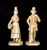 PAIR ROYAL WORCESTER PORCELAIN FIGURES OF WELSH LADY & COMPANION, no. 1875, dressed in traditional