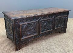 ANTIQUE CARVED OAK COFFER, 45 (h) x 106 (w) x 45cms (d) Provenance: consigned via West Wales