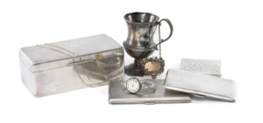 ASSORTED SILVER including decanter label engraved 'Hers', 3 cigarette cases, cigarette box,
