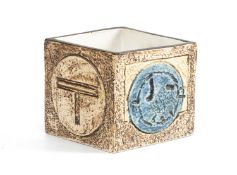 TROIKA POTTERY SMALL CUBE VASE, monogrammed to base, possibly 'AB' (Avril Bennet), 8.5cms (h)
