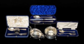 ASSORTED SILVERWARE including three cased Christening sets, cut-card sauceboat and similar sugar
