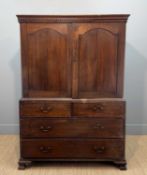 GEORGIAN MAHOGANY LINEN PRESS, Greek key cornice, arch panelled cupboard doors, interior with four