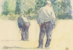 GORDON STUART (1924-2015) watercolour - entitled verso 'Bowls at Cwmdonkin Park', signed in