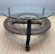 ANTIQUE RUSTIC CART WHEEL COFFEE TABLE, the elm and wrought iron wheel probably Pyrenees 18th