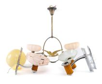 ART DECO STYLE LIGHTING, beige glass globe shade (mottled and ribbed), approx. 20cms (diam.); two