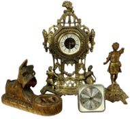 MIXED COLLECTABLES, including an ornate gilded metal mantel clock, 36cms (h); Black Forest style
