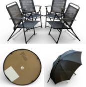 GARDEN FURNITURE, comprising metal and canvas folding chairs (x4), a circular glass-top table (