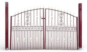 PAINTED WROUGHT METAL GATES & POSTS, 183 (h) x 138 (w) x 4cms (d) gates, 191 (h) x 10 (w) x 10cms (