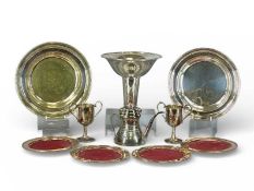 PLATED WARE, including pedestal bowl, base with chased design, 24.5 (h) x 26.5cms (diam.); two