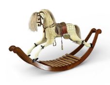 SMALL PAINTED DAPPLE GREY ROCKING HORSE, on stained bow-shaped rocker, 53 (h) x 92cms (l)