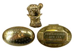 TWO ANTIQUE OVAL BRASS SNUFF BOXES, inscribed 'Presented to John Arthur 1899 Rhayader by a Friend'