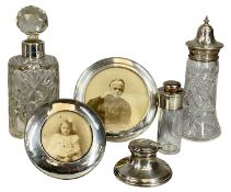 SILVER / SILVER-MOUNTED ITEMS, including a capstan-form inkwell, 7.5cms (diam.); two circular silver