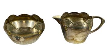 WMF WHITE METAL SUGAR BASIN & MILK JUG, with Art Deco style fan design, the bowl 9.5cms (diam.)