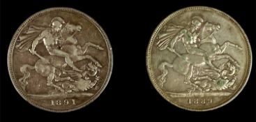 TWO VICTORIA SILVER CROWNS, 1889 and 1891 Provenance: private collection Ynys Môn