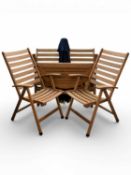 HARDWOOD GARDEN FURNITURE, comprising circular-topped folding table, 75 (h) x 95cms (diam.); set