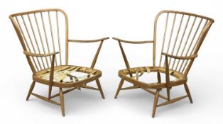 PAIR OF ERCOL (PRESUMED) CURVED & STICK-BACK ARMCHAIRS, 82 (h) x 74 (w) x 81cms (d) Provenance: