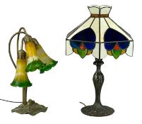 TIFFANY STYLE TABLE LAMP with bronze effect naturalistic base and coloured leaded octagonal shade,