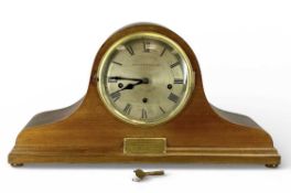 WALKER & HALL MAHOGANY-CASED DOME-TOP MANTEL CLOCK, signed silvered dial, 8-day movement striking on