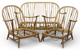 ERCOL (PRESUMED) VINTAGE STICK-BACK TWO-SEATER SOFA, 77 (h) x 177 (w) x 93cms (d); and a pair of