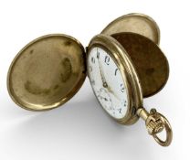 GOLD-PLATED FULL-HUNTER POCKET WATCH, keyless, white enamel dial with black Arabic numerals,