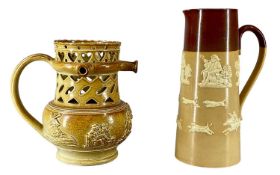 DOULTON LAMBETH STONEWARE JUG of tapering cylindrical form, relief decoration of figures drinking