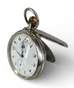 CONTINENTAL WHITE METAL-CASED POCKET WATCH with alarm, white enamel dial with Arabic numerals,