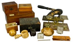 ASSORTED COLLECTABLES, including postal scales with weights, large cast iron desk stamp, various