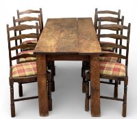 20TH CENTURY THREE-PLANK OAK REFECTORY STYLE TABLE, 77 (h) x 167 (w) x 68cms (d); and a set of six