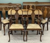 BURR WALNUT QUEEN ANNE STYLE DINING FURNITURE, comprising extending dining table, 77 (h) x 130/