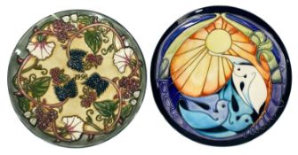TWO MOORCROFT CALENDAR PLATES, 1998 'Summer's End' and 2006 'Sunbird', 22cms (diam.), boxed