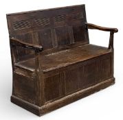 ANTIQUE OAK BOX SEAT BENCH, 93 (h) x 117 (w) x 55cms (d) Provenance: private collection Conwy