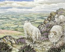RITA E. WHITAKER RMS enamel on copper - mountain sheep overlooking expansive landscape, unsigned, 10